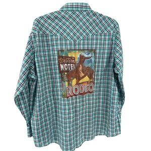 Rare Wrangler Western Shirt 2XL Motel Rodeo Graphics‎ Pearl Snap Plaid Turquoise